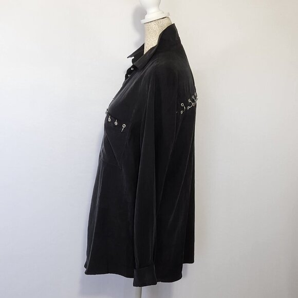 Zara Women's Size M Black Lyocell Ringed Accent Long Sleeve Button Up Shirt Goth - Picture 9 of 16